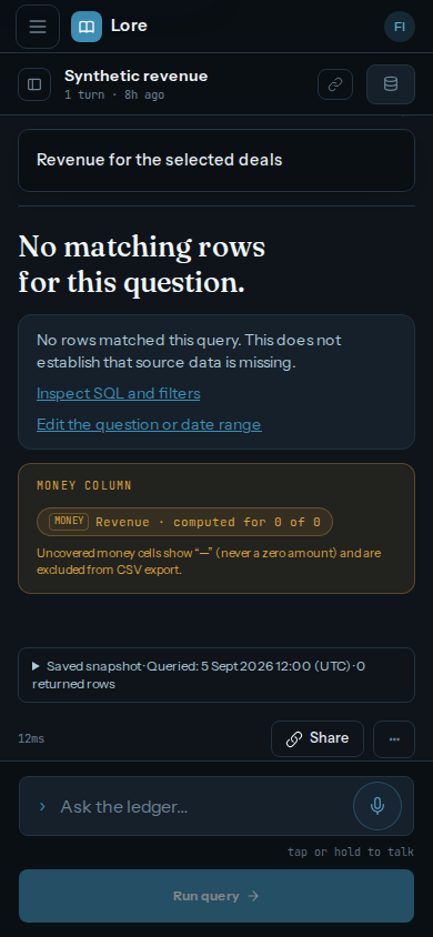 Dark mobile empty result keeps Inspect SQL and filters and Edit question actions.